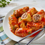 close-up of cabbage rolls stuffed with beef